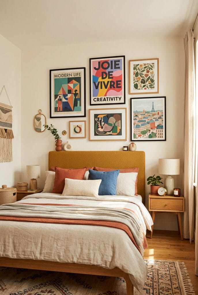Affiches et illustrations graphiques mélangées dans une décoration murale chambre moderne