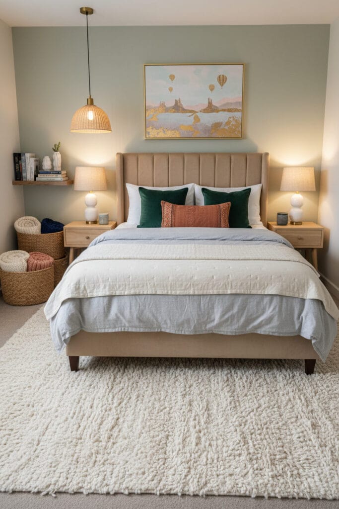 Chambre Douillette bohème avec tapis épais et ambiance cosy