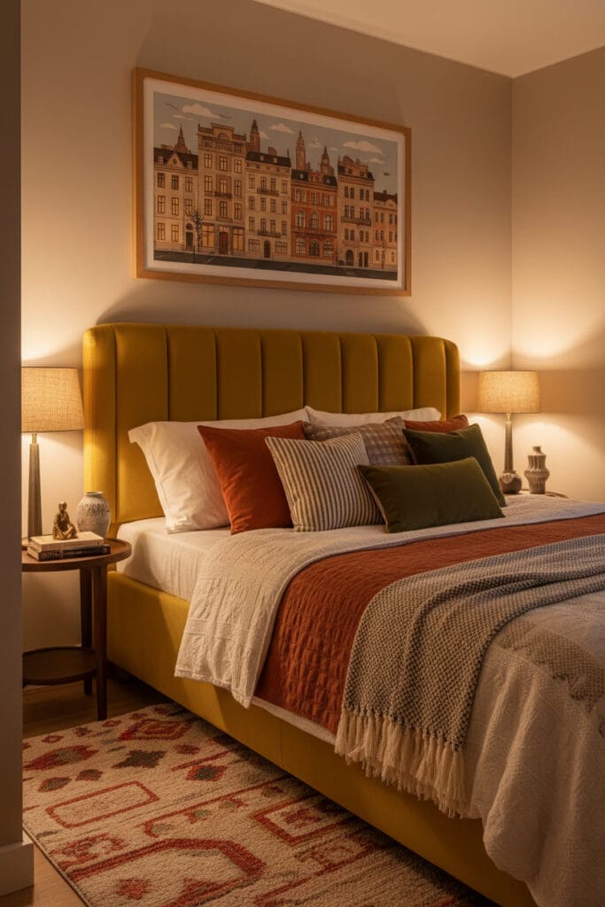 Chambre douillette style vintage moderne avec tête de lit capitonnée et décoration murale cosy