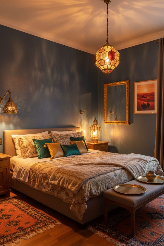 lit d'une chambre moderne aux influences marocaines le soir, avec des murs bleu profond, un éclairage chaud et tamisé provenant de lanternes en métal et verre coloré, et une décoration riche en textiles et motifs.