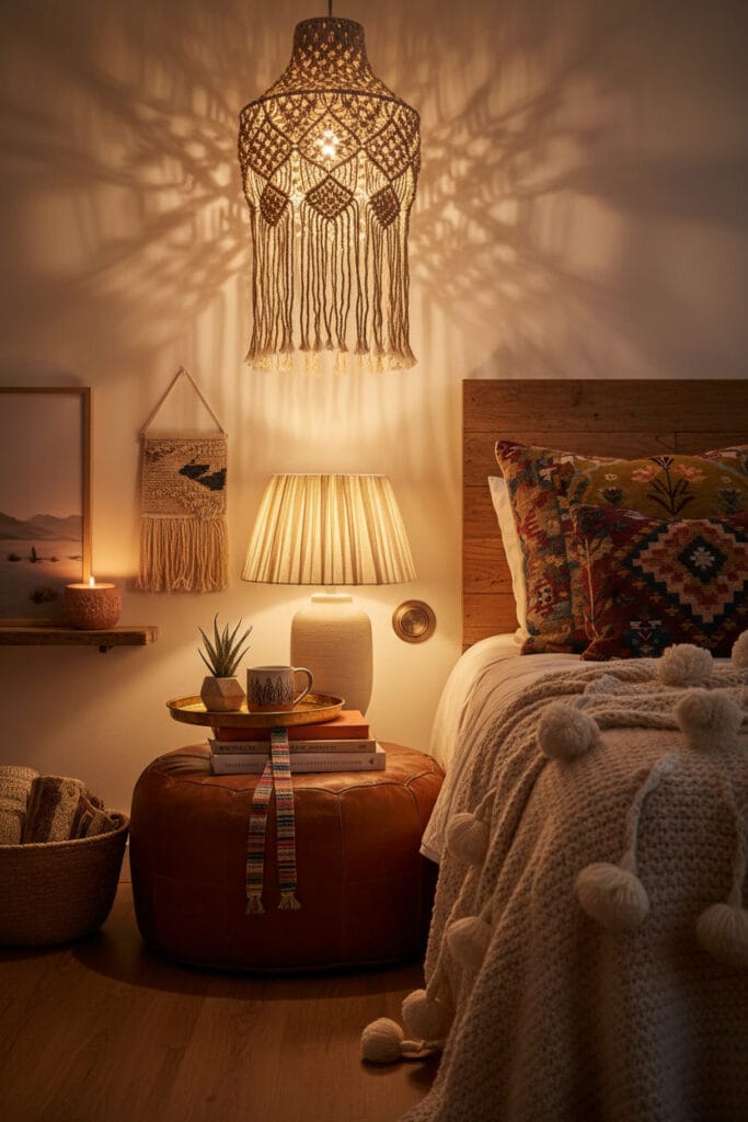 Coin de chevet bohème chaleureux le soir, avec une suspension macramé, une lampe en céramique à franges, un pouf en cuir, des coussins assortis, une couverture à pompons et divers accessoires décoratifs.