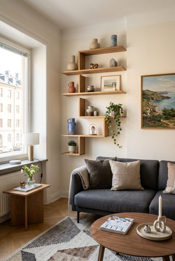 Étagère en bois murale pour optimiser le rangement dans le salon ou la cuisine