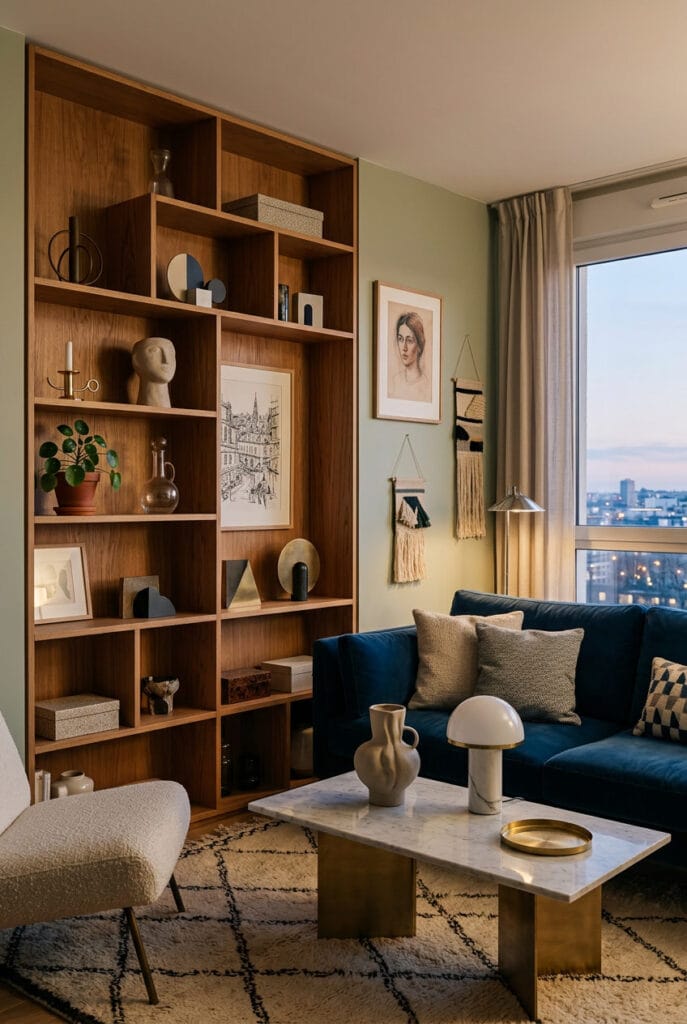 Étagère en bois transformée en bibliothèque élégante dans un salon ou une chambre