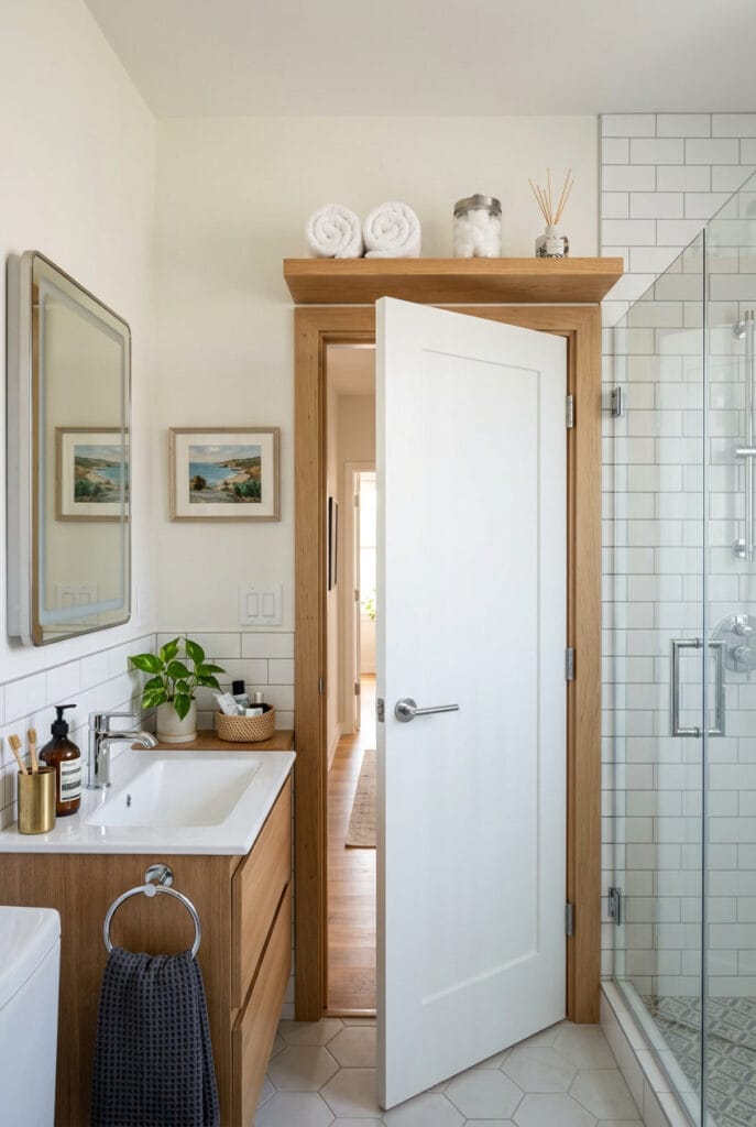 Étagère en bois installée au-dessus d'une porte pour un rangement discret
