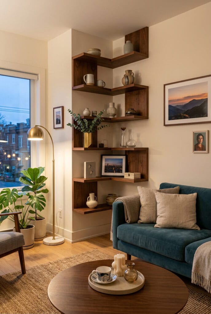 Étagère en bois en escalier pour optimiser un angle avec style