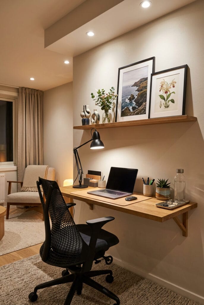 Étagère en bois murale pour aménager un coin bureau compact et pratique