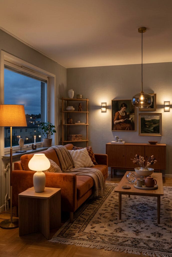 Lumière tamisée accueillante dans un salon avec lampes et suspension réglable