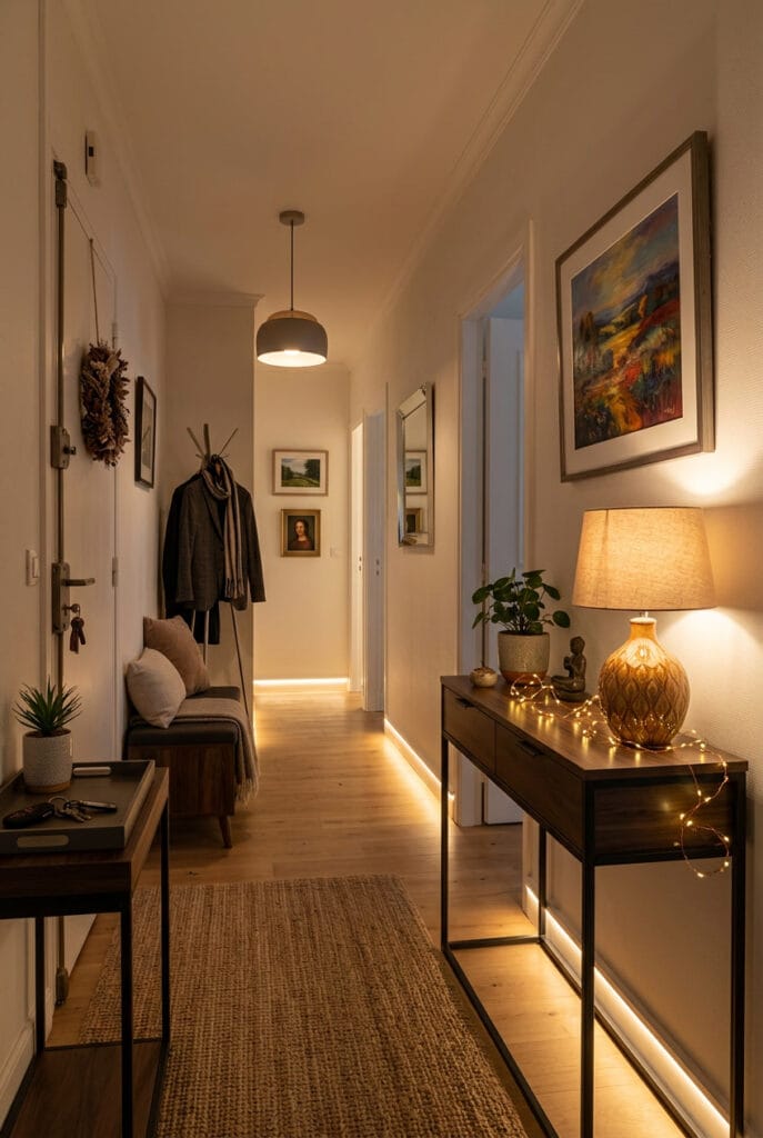 Lampe sur pied et guirlande lumineuse pour une lumière tamisée cosy à l'entrée