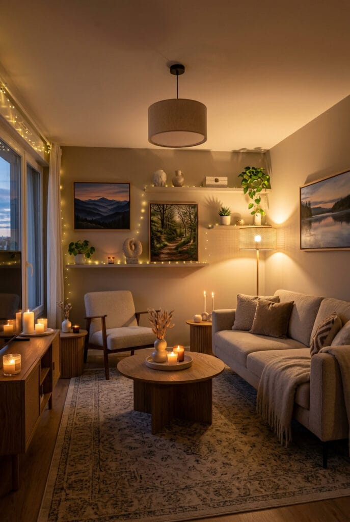 Bougies et guirlande lumineuse pour une lumière tamisée cosy et intime