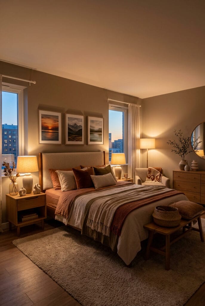 Chambre apaisante avec lumière tamisée chaude propice à la détente