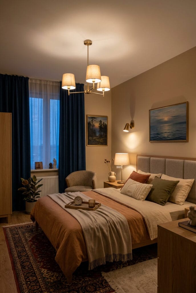Abat-jour en lin et rideaux filtrant la lumière tamisée en chambre