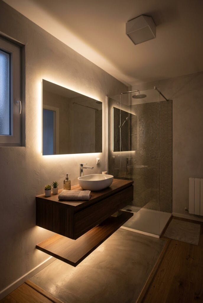 Salle de bain relaxante éclairée par une lumière tamisée indirecte