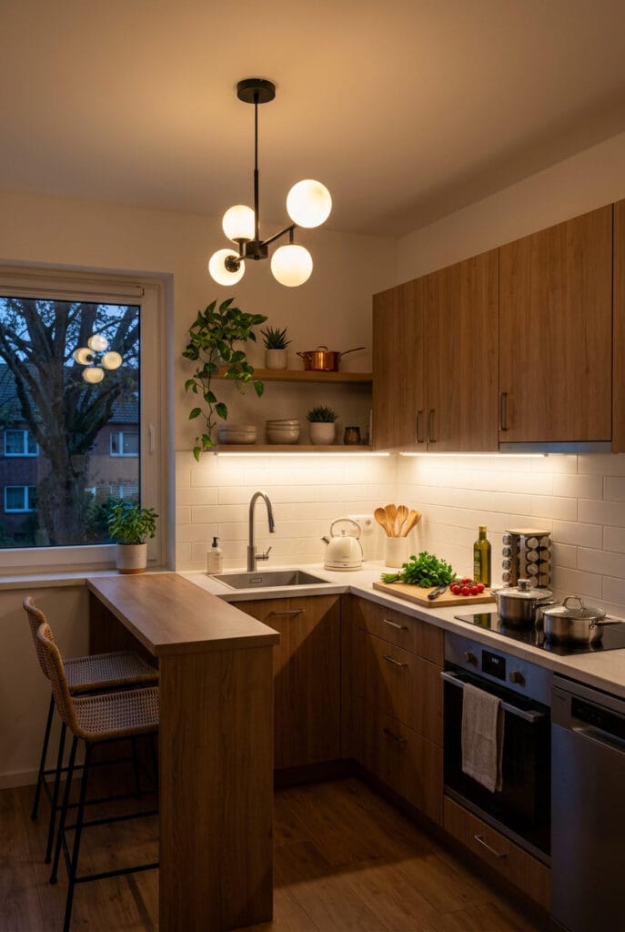 Cuisine avec lumière tamisée fonctionnelle sous les meubles hauts