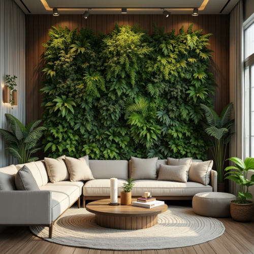 Mur végétal dans un salon cosy et moderne, entouré de plantes vertes, canapé moelleux, table en bois et éclairage doux, créant une ambiance apaisante et naturelle.