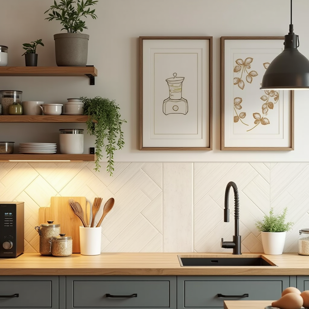 Décoration Murale Cuisine : idées esthétiques et pratiques pour embellir l’espace avec des étagères en bois, des tableaux culinaires et une crédence décorative moderne.