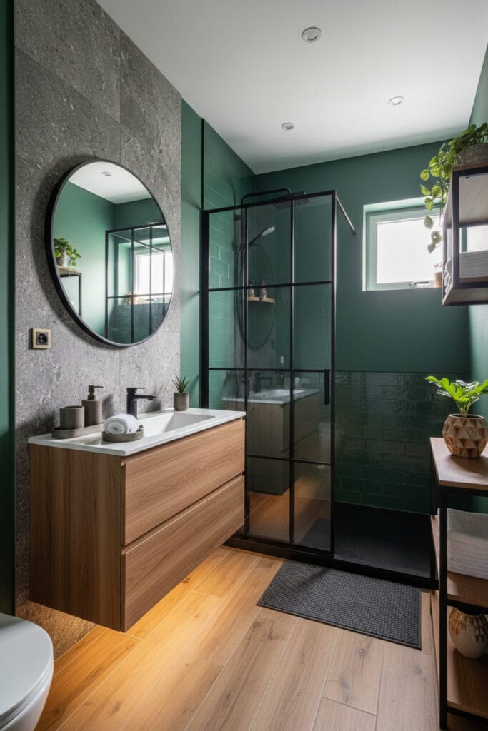 Peinture salle de bain vert forêt créant une ambiance profonde et élégante.