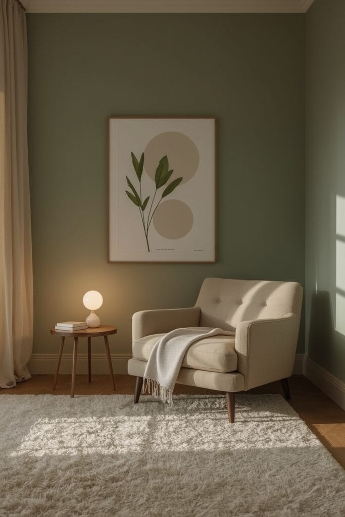 Peinture Salon apaisante dans un coin cocooning aux murs vert sauge, ambiance sereine.