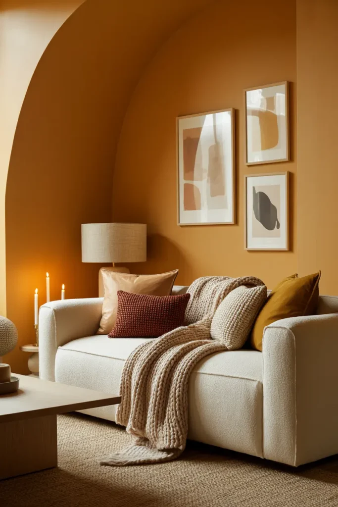 Peinture Salon en nuances terreuses (ocre, beige) pour un salon cocooning, avec touches de bordeaux et vert olive.