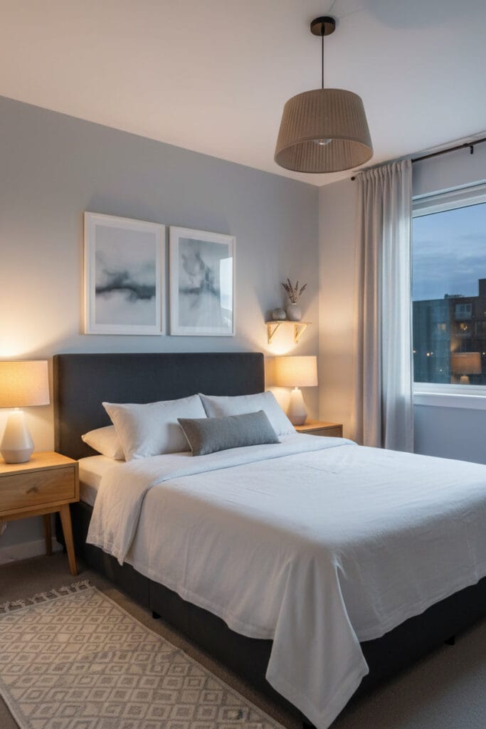 Chambre zen aux murs gris perle, tête de lit anthracite velours et déco apaisante avec suspensions et œuvres abstraites.