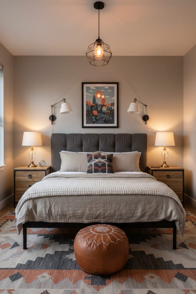 Chambre industrielle douce aux murs gris perle chaud, avec métal noir, bois clair et déco chaleureuse.