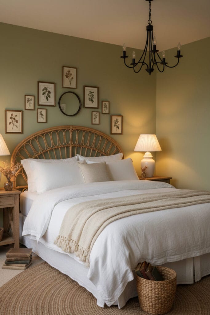 Chambre cottage moderne aux murs vert sauge chaud, avec tête de lit en rotin arqué, lustre en fer forgé et galerie de botanique.