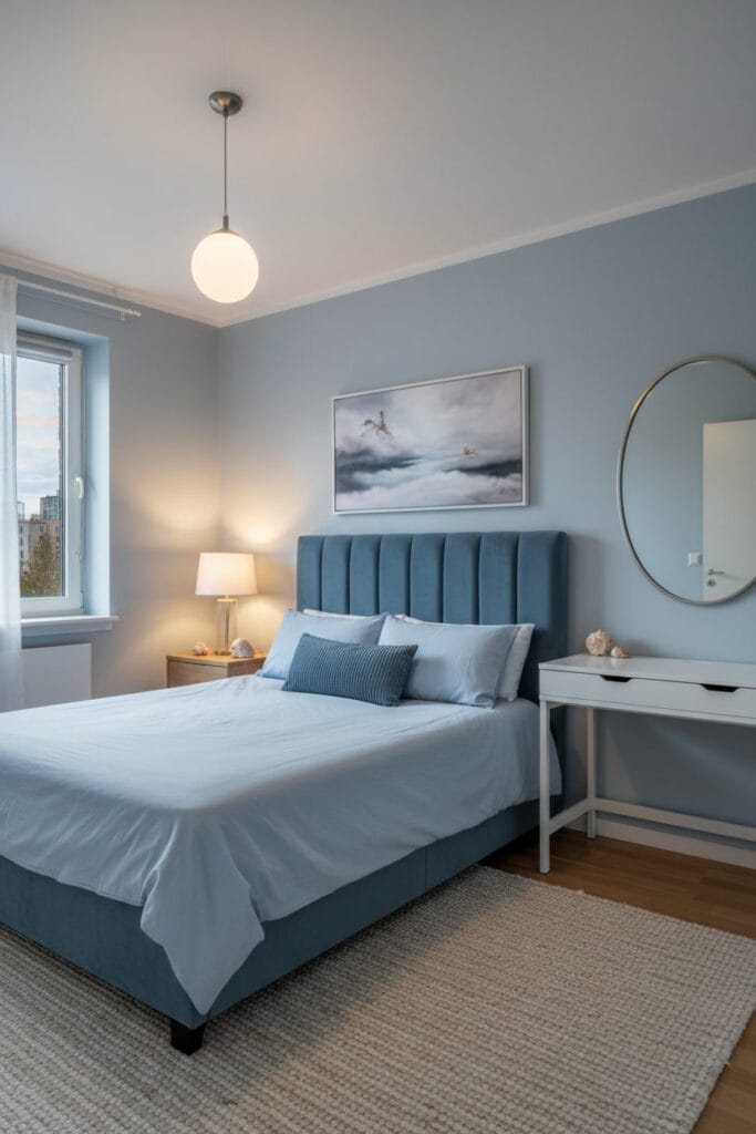 Chambre moderne côté aux murs bleu poudré grisé, tête de lit capitonnée bleu foncé, suspension en verre et miroir ovale.