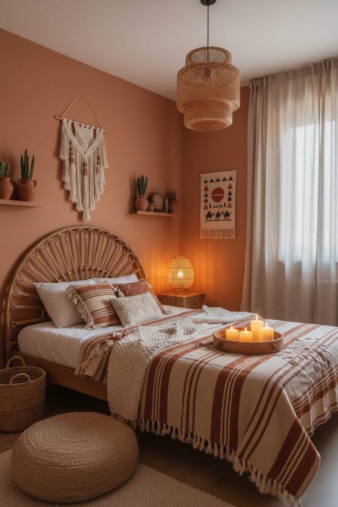 Chambre bohème aux murs terre cuite orangée, avec tête de lit en rotin, tenture macramé et poteries artisanales pour une ambiance voyageuse.