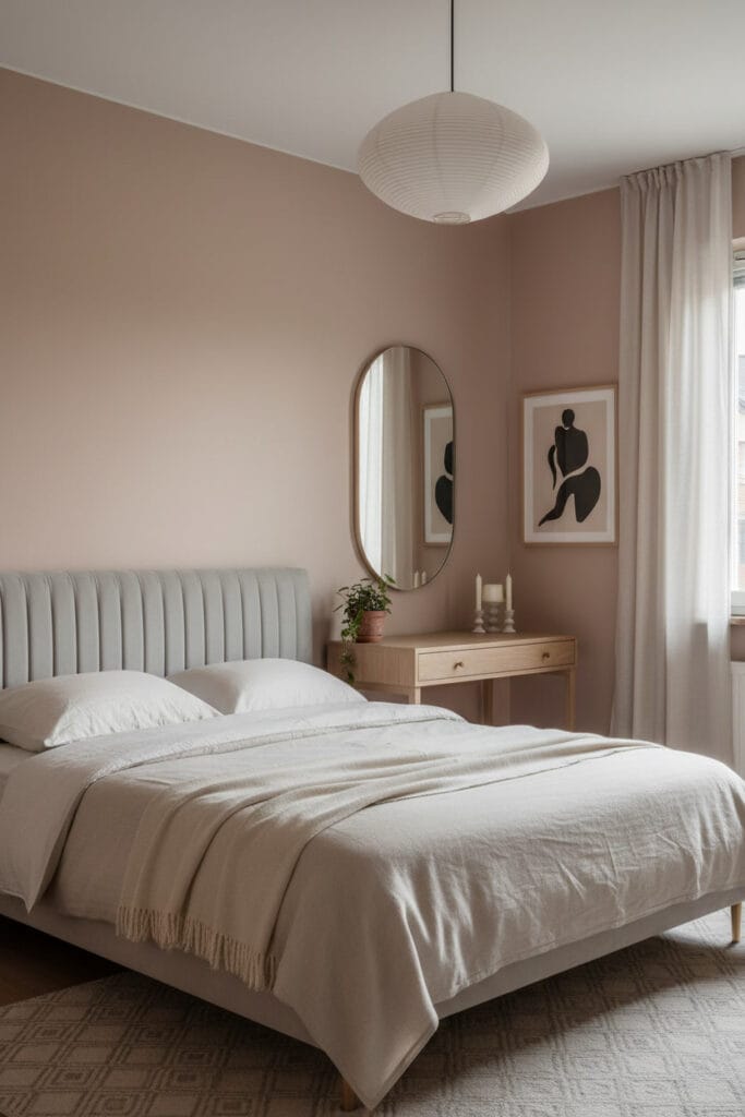 Chambre japandi luxe aux murs beige rosé mat, tête de lit velours gris, bureau chêne et suspension washi pour une neutralité douce.
