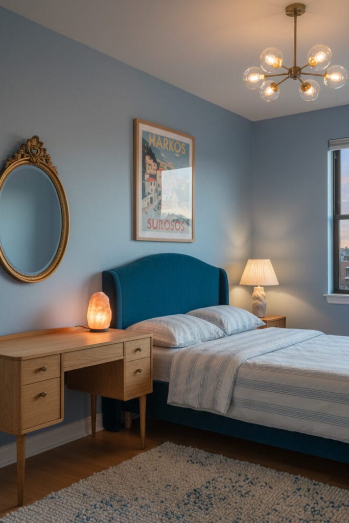 Chambre rétro aux murs bleu poudré chaud, tête de lit courbée en velours, lustre Sputnik et miroir doré.