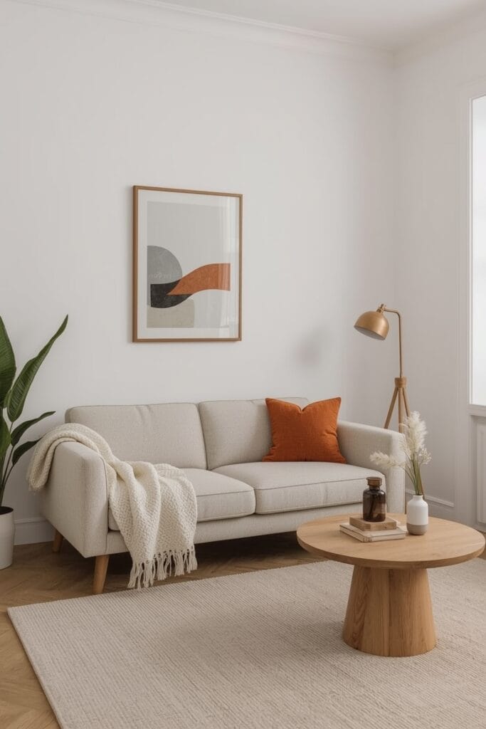 Peinture Salon claire et douce pour agrandir visuellement un petit salon cosy.