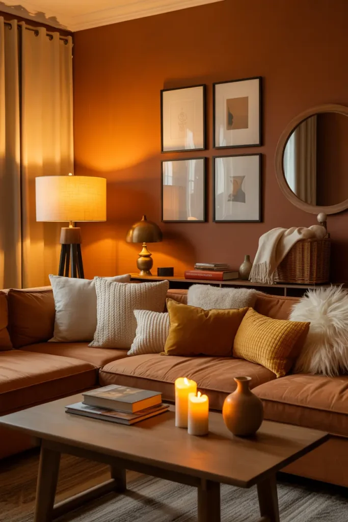 Peinture Salon chaude et mat dans un salon cocooning, ambiance début de soirée avec éclairage doux et déco harmonieuse.