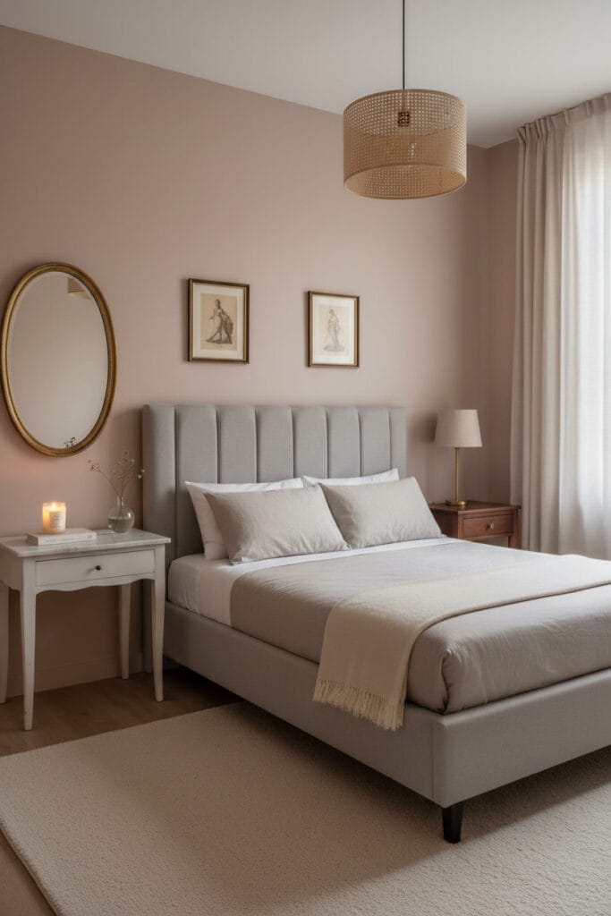 Chambre moderne française aux murs beige rosé chaud, tête de lit captionnée lin gris, miroir laiton et intaglios vintage.