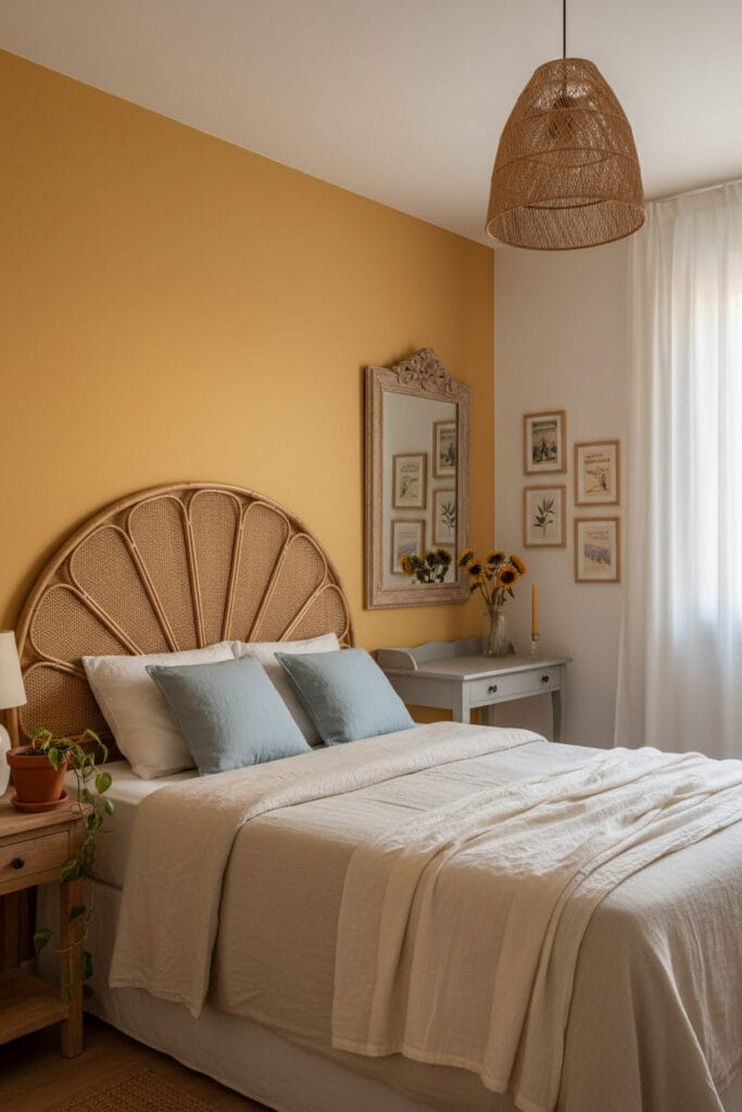 Chambre provençale avec mur jaune miel ambré, tête de lit en rotin courbé, miroir en bois sculpté et décorations murales vintage.