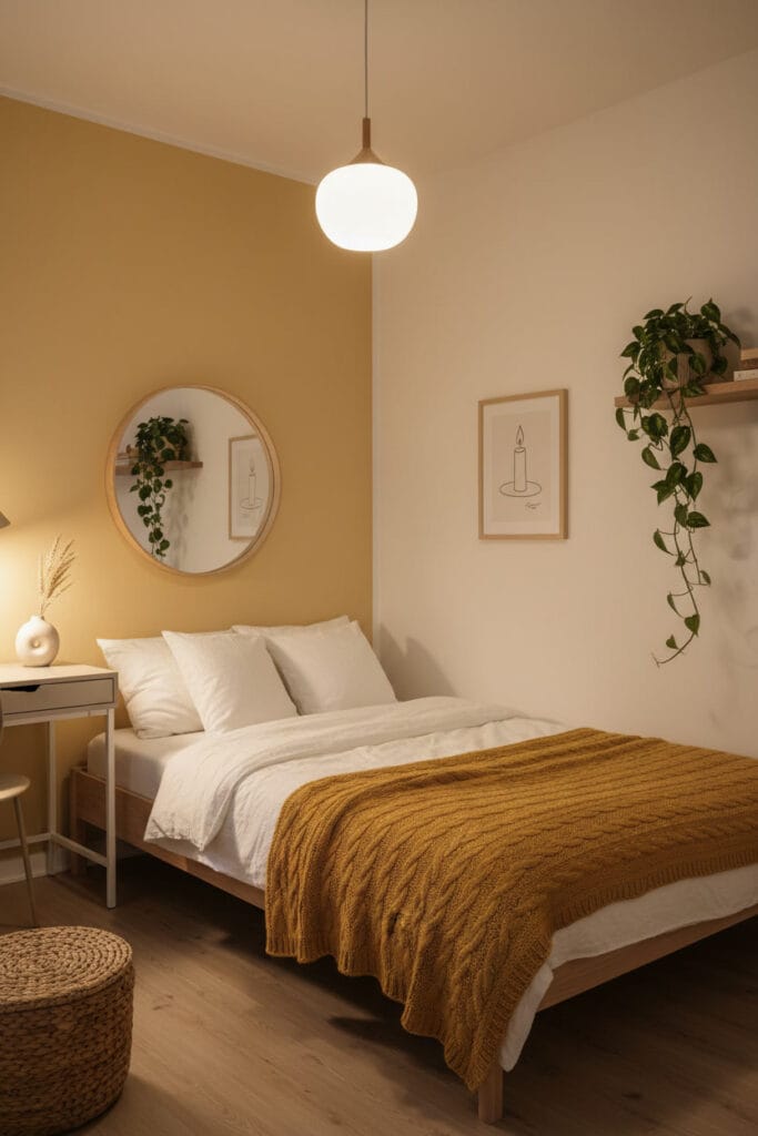 Chambre hygge avec coins murs jaune miel doux, plaid tricoté moutarde, miroir rond en bois et illustration figurative cosy.