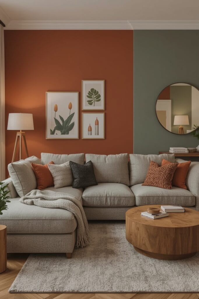 Peinture Salon finition mate sur un mur principal, dans un salon cosy aux décorations murales harmonieuses.