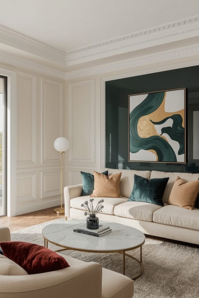 Peinture Salon avec finitions contrastées : satin et brillant pour structurer un salon élégant.