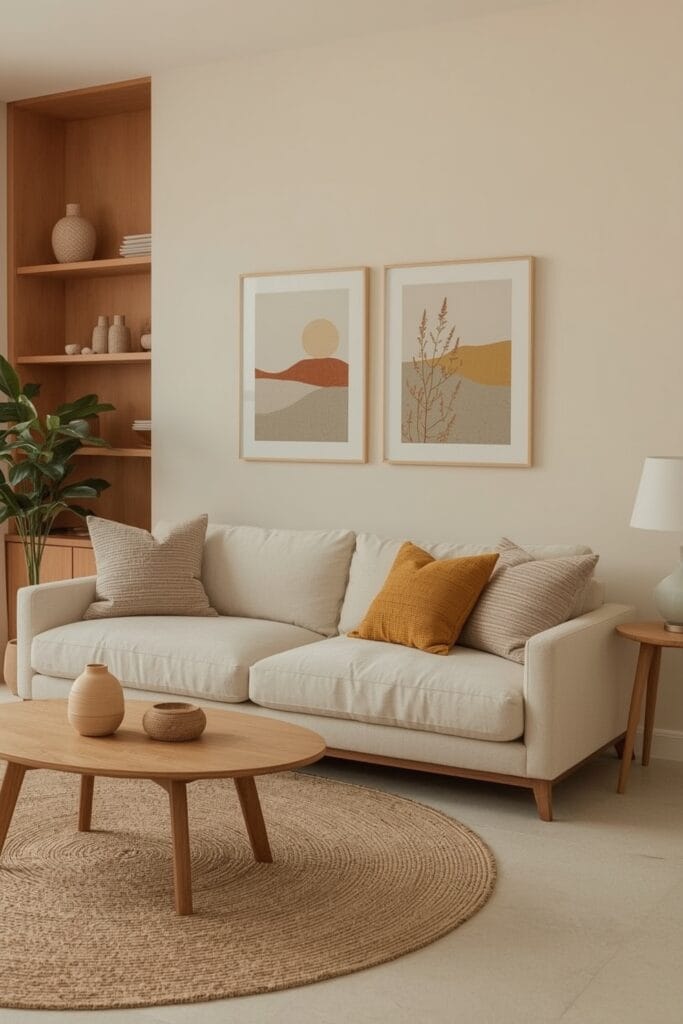 Peinture Salon en camaïeu de tons naturels pour un salon apaisant, uni et élégant.