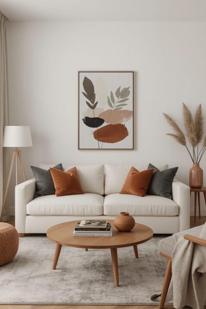 Peinture Salon : Un salon cosy aux murs beige sable, décor harmonieux et ambiance apaisante.