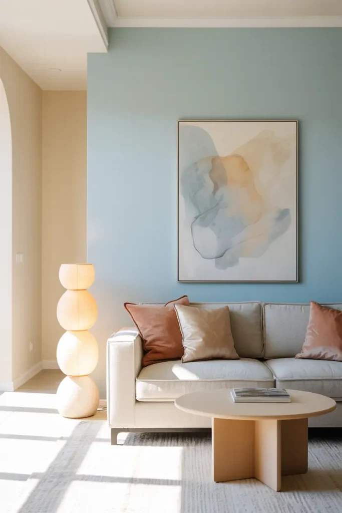 Peinture Salon avec un mur d'accent pastel bleu ciel dans un salon moderne et doux.
