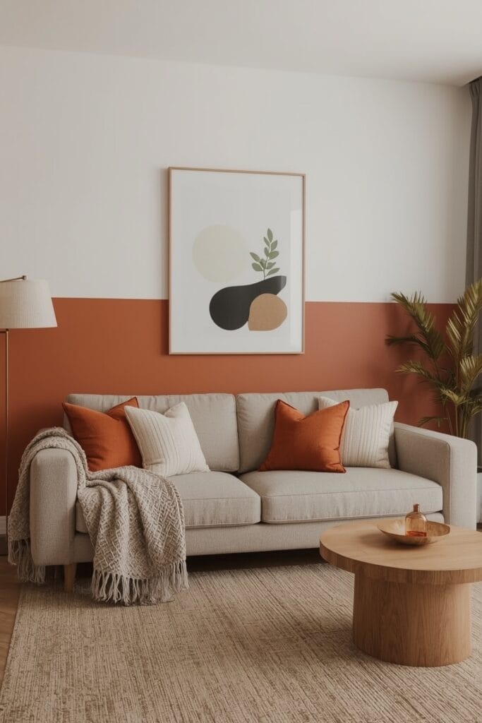 Peinture Salon bicolore terracotta et blanc cassé sur un mur, pour un salon cosy, graphique et tendance.