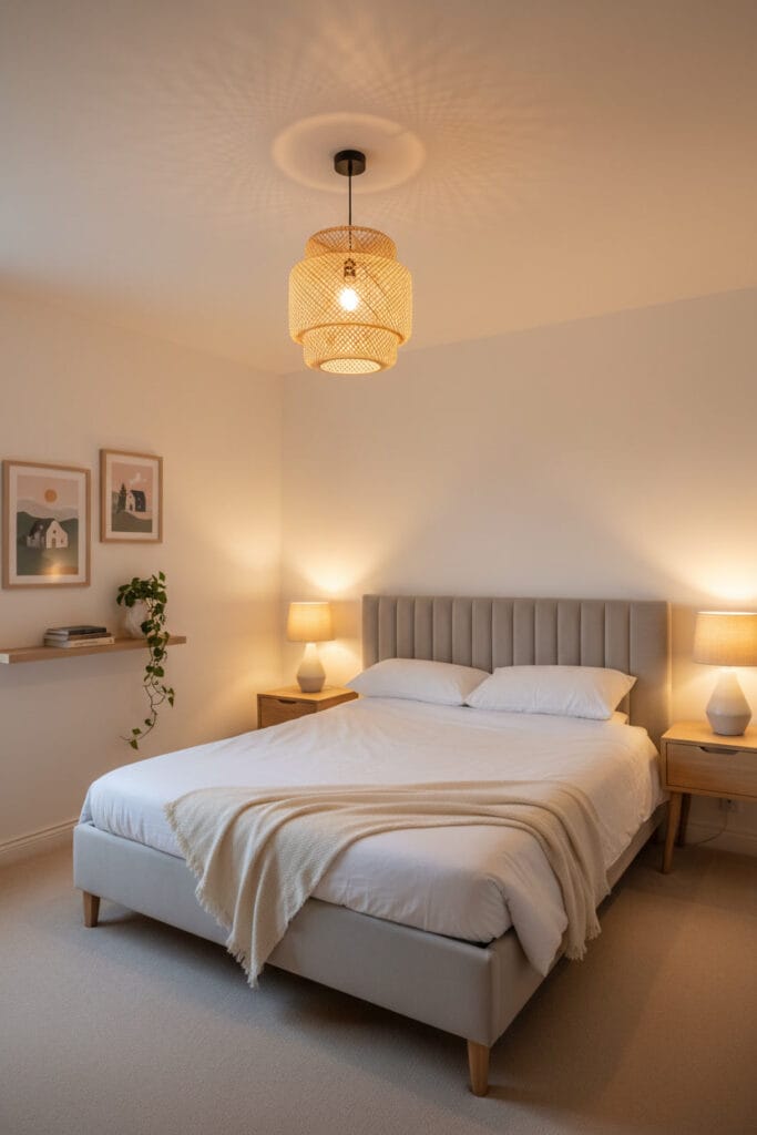 Vue large d'une chambre cosy aux murs blanc cassé, avec suspension lumineuse, décoration murale harmonieuse et literie douillette.