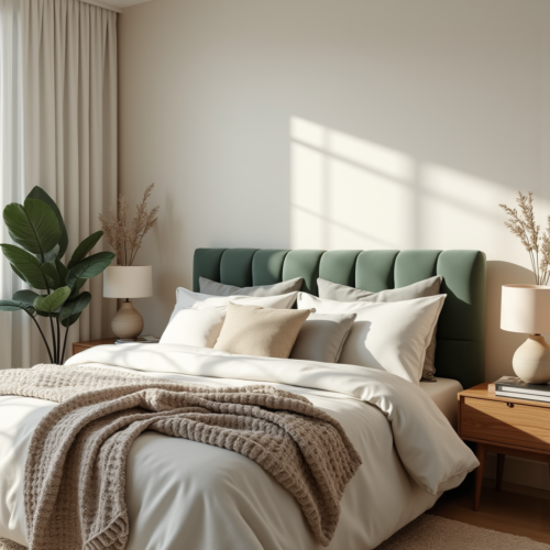 Peinture chambre dans des tons doux beige et gris perle, avec tête de lit en velours vert sauge et textiles naturels. Ambiance cosy et harmonieuse, éclairage chaleureux.