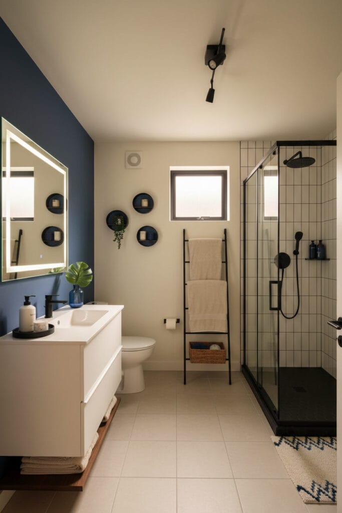 Salle de bain spacieuse avec un mur bleu nuit apportant profondeur et élégance.