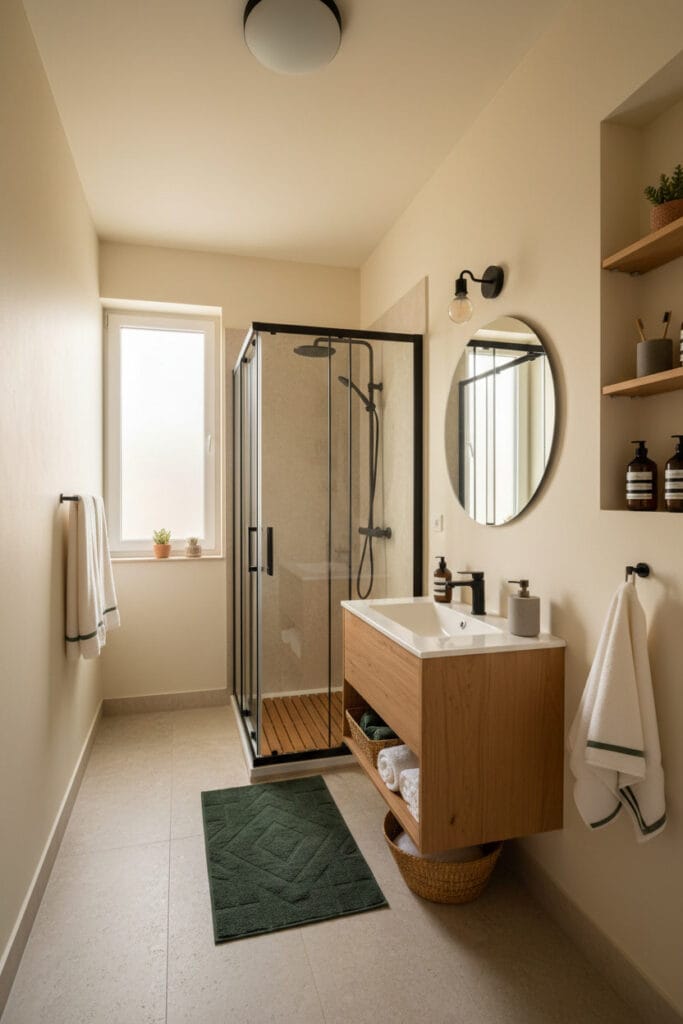 Salle de bain avec peinture mate créant une ambiance douce et élégante.
