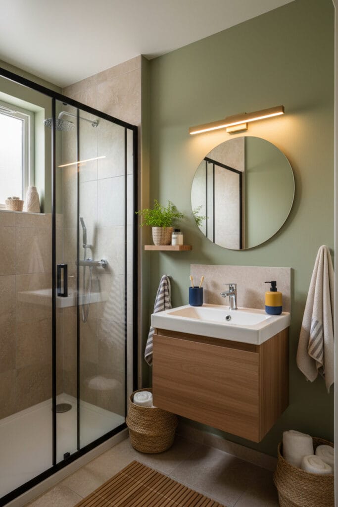 Salle de bain lumineuse avec peinture satinée sur les murs, pratique et chic.