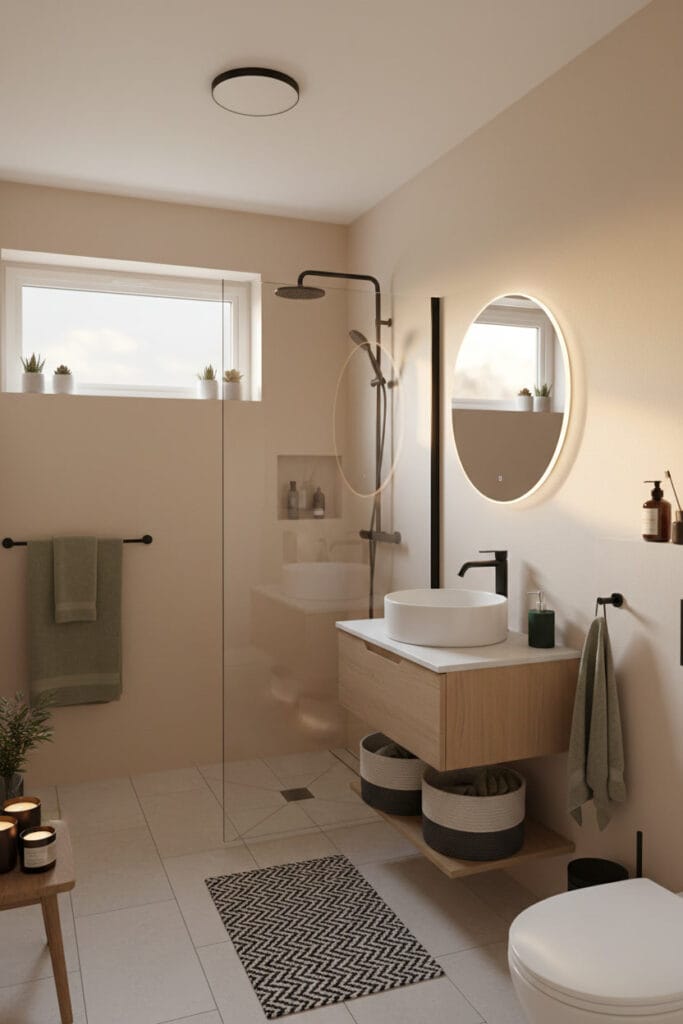 Peinture salle de bain dans des nuances douces et naturelles créant une atmosphère apaisante et lumineuse.