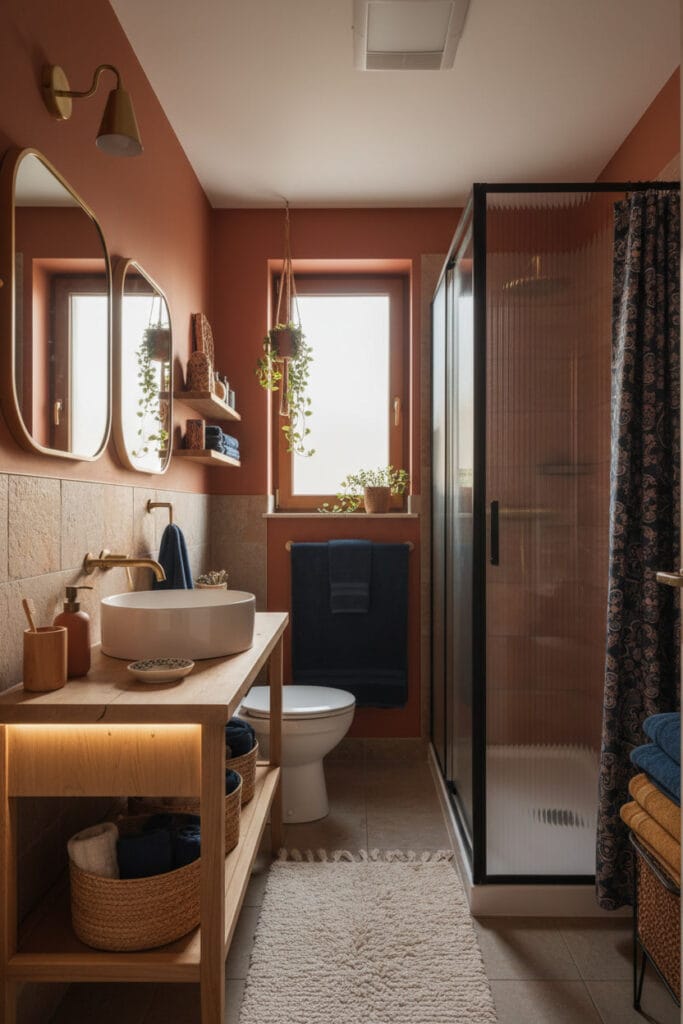 Salle de bain habillée d’une peinture salle de bain terracotta aux murs profonds et chaleureux.