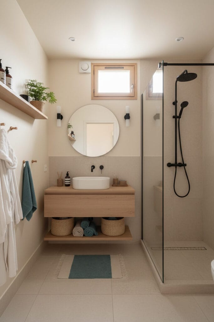 Salle de bain peinte en crème, créant une sensation d’espace et de luminosité.