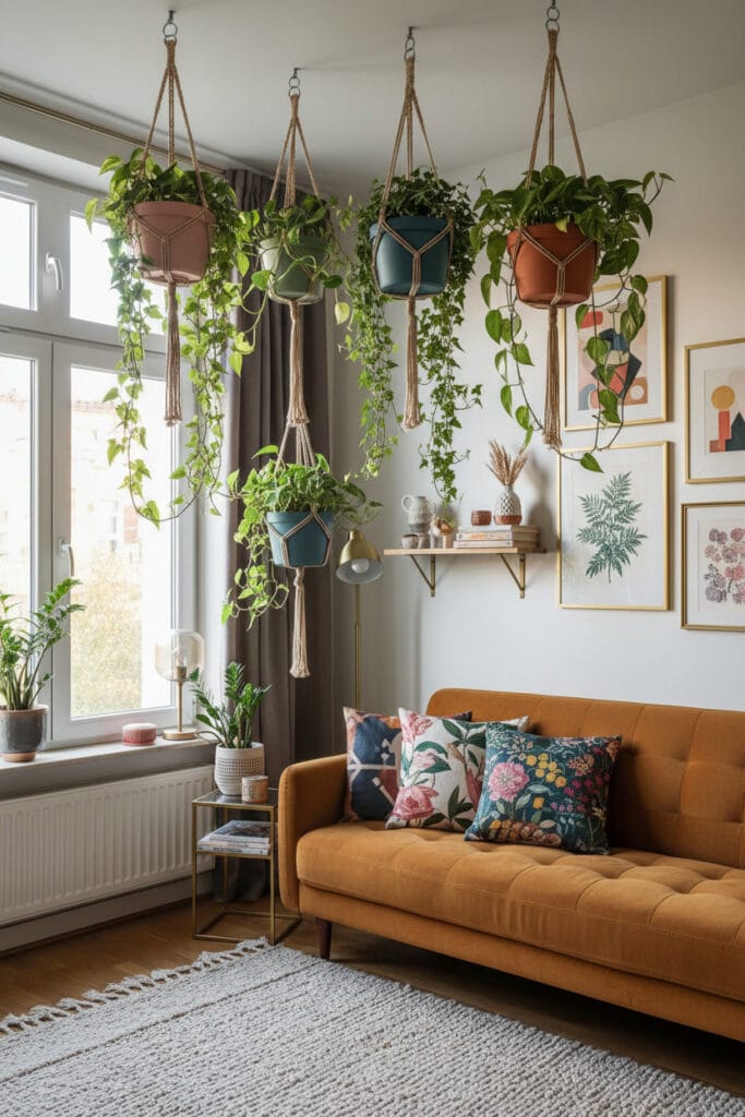 Déco pour plafond avec plantes suspendues créant une ambiance cosy et apaisante