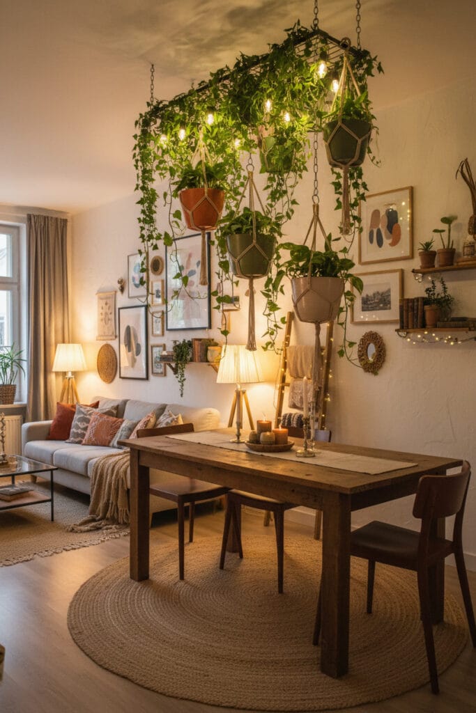 Déco pour plafond avec plantes suspendues apportant confort visuel et fraîcheur